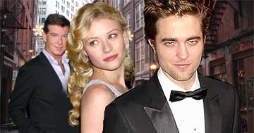 Pierce Brosnan, Emilie de Ravin y Robert Pattinson, con N.Y.C. al fondo Pierce Brosnan, Emilie de Ravin y Robert Pattinson, con N.Y.C. al fondo