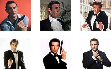 Sean Connery, George Lazenby, Roger Moore (arriba), y Timothy Dalton, Pierce Brosnan y Daniel Craig (abajo) Sean Connery, George Lazenby, Roger Moore (arriba), y Timothy Dalton, Pierce Brosnan y Daniel Craig (abajo)